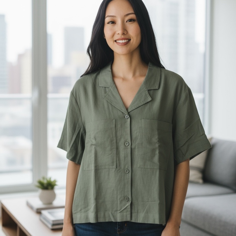 Linen Blend Utility Nautical Beach Top Women XXL Green Sage Button Short Sleeve